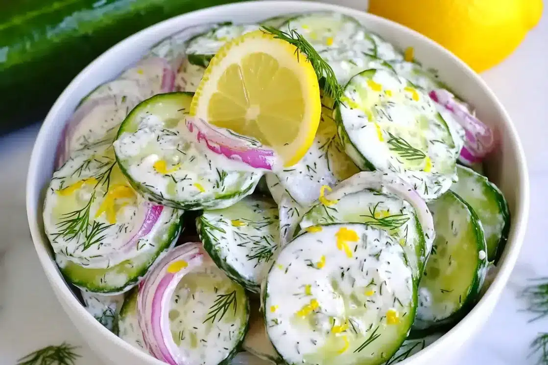 Creamy cucumber salad in white bowl garnished with lemon slice and fresh dill