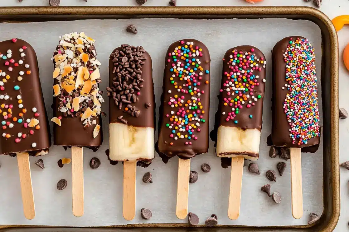 Chocolate covered bananas with colorful sprinkles and toppings on parchment lined baking sheet