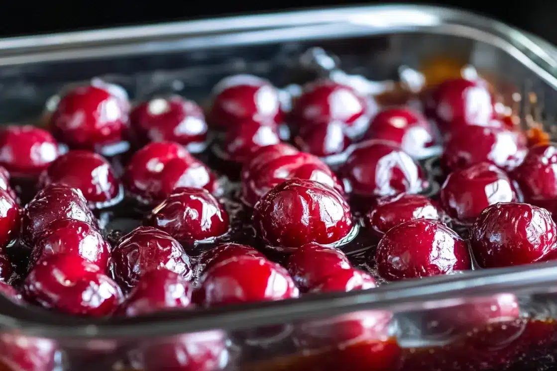 Roasted cherries in glass baking dish showing their glossy, caramelized finish after oven roasting