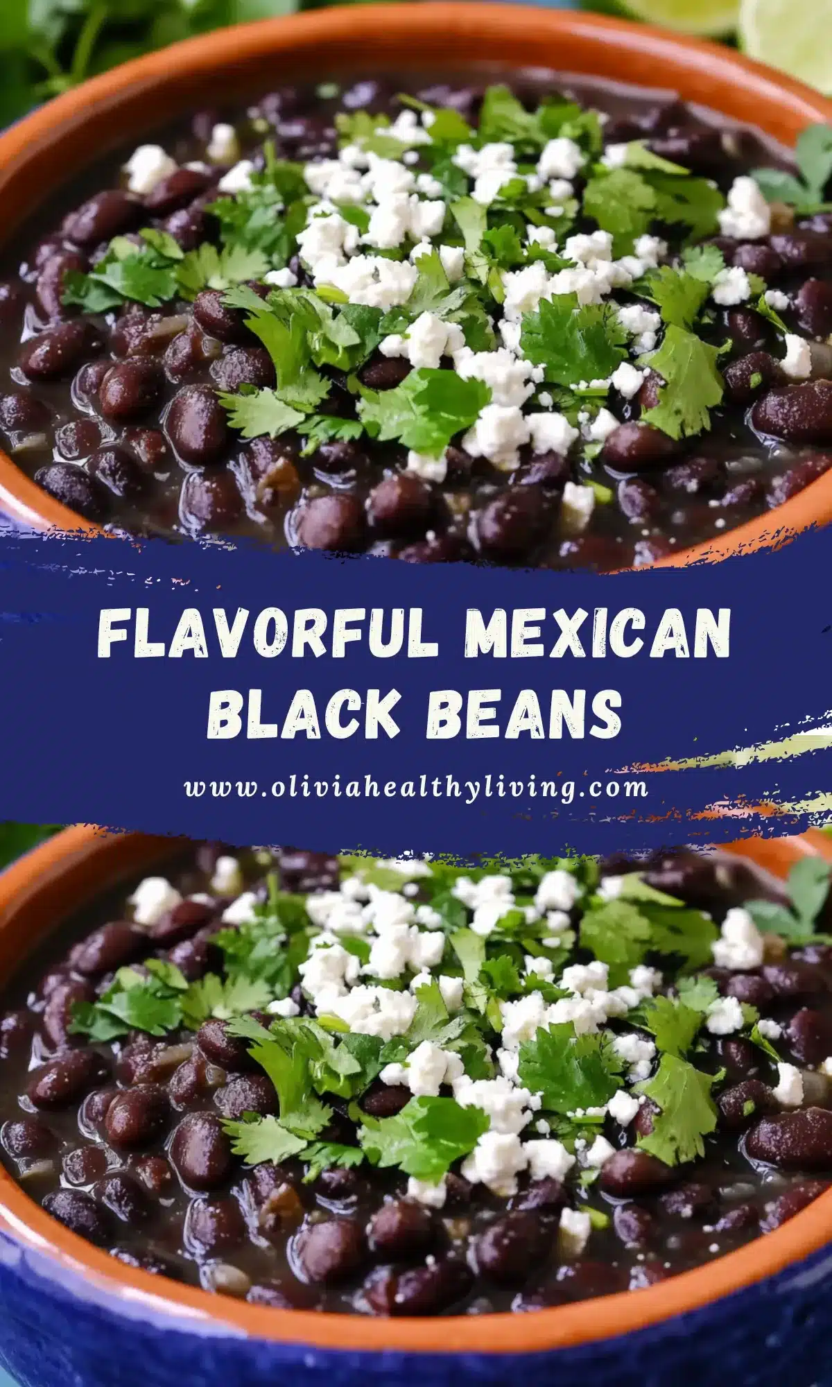 A terra cotta bowl filled with seasoned Mexican black beans topped with fresh cilantro and crumbled white cheese, perfect side dish for tacos