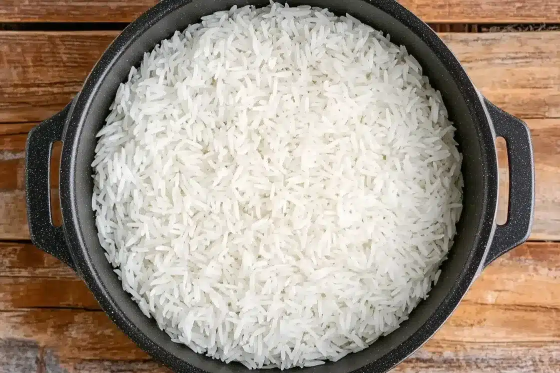 Perfectly cooked fluffy white rice in a black pot ready to be combined with cheese sauce for cheesy broccoli rice