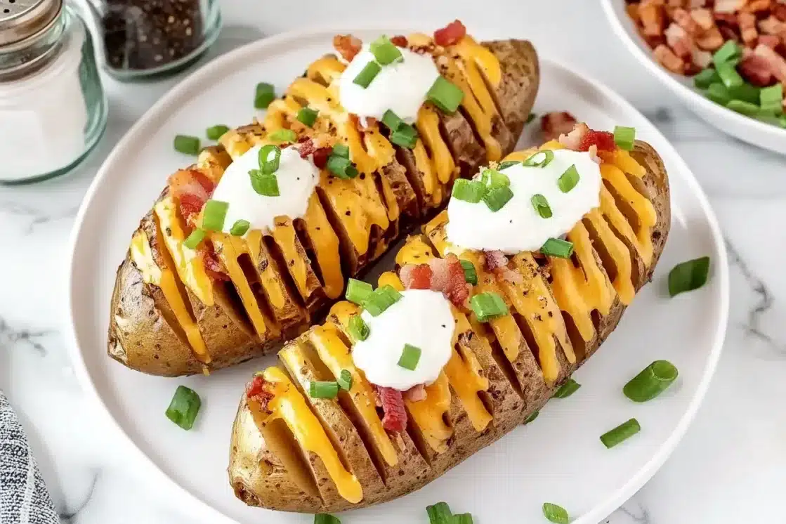 Four loaded hasselback potatoes on white plate topped with melted cheese, sour cream, bacon crumbles and green onions with salt and pepper shakers visible