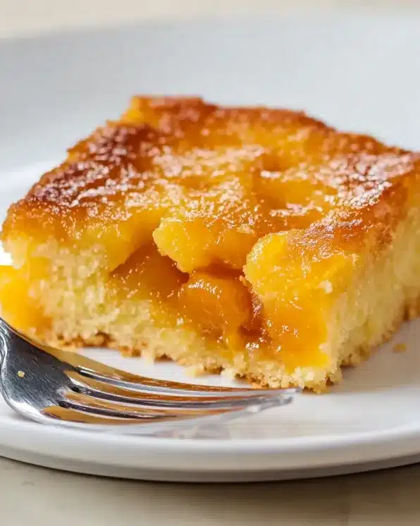 Generous portion of apricot buckle showing caramelized top and moist cake interior with visible apricot pieces
