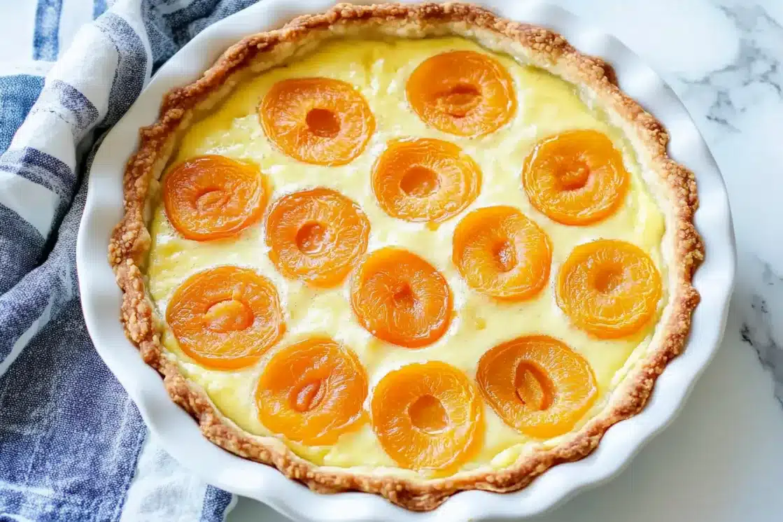 Overhead view of unbaked apricot flaugnarde showing fresh apricot halves arranged in custard batter before baking