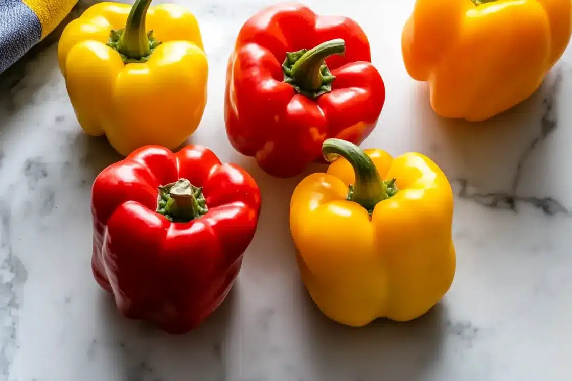 Fresh raw bell peppers in red, yellow, and orange colors arranged on white marble countertop before grilling