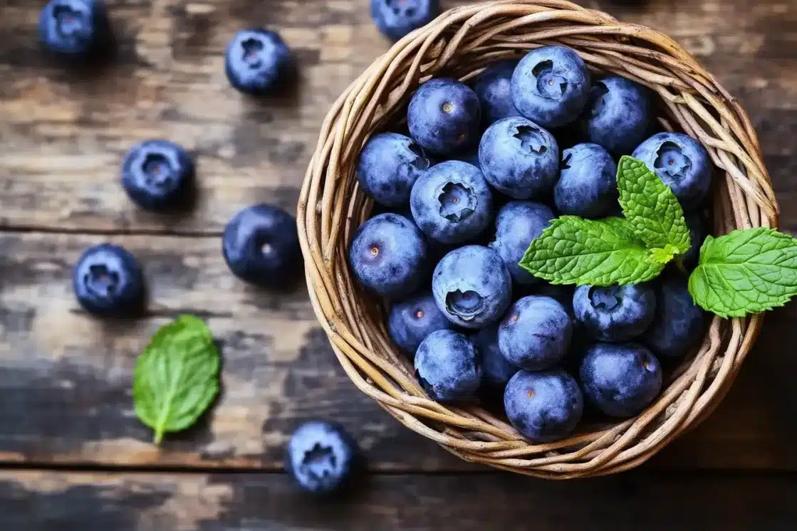 Fresh blueberries in wicker basket with mint garnish, antioxidant-rich addition to tropical fruit salad