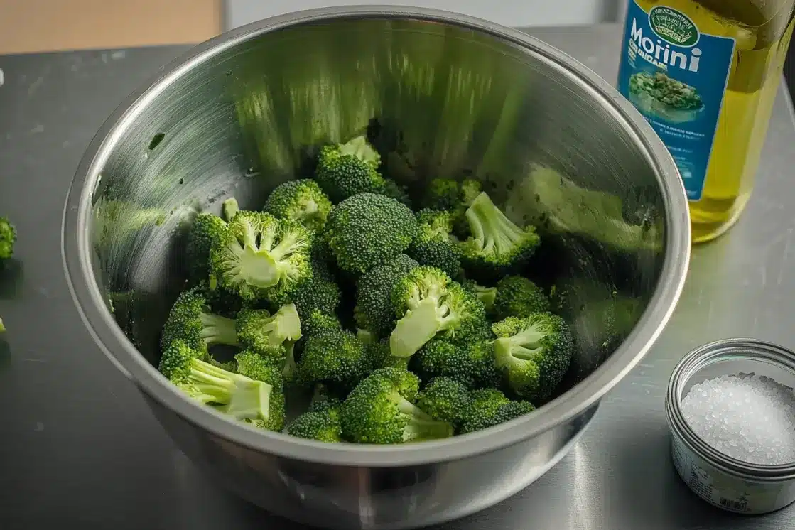 Raw broccoli florets in stainless steel bowl with Monini oil and salt for preparation