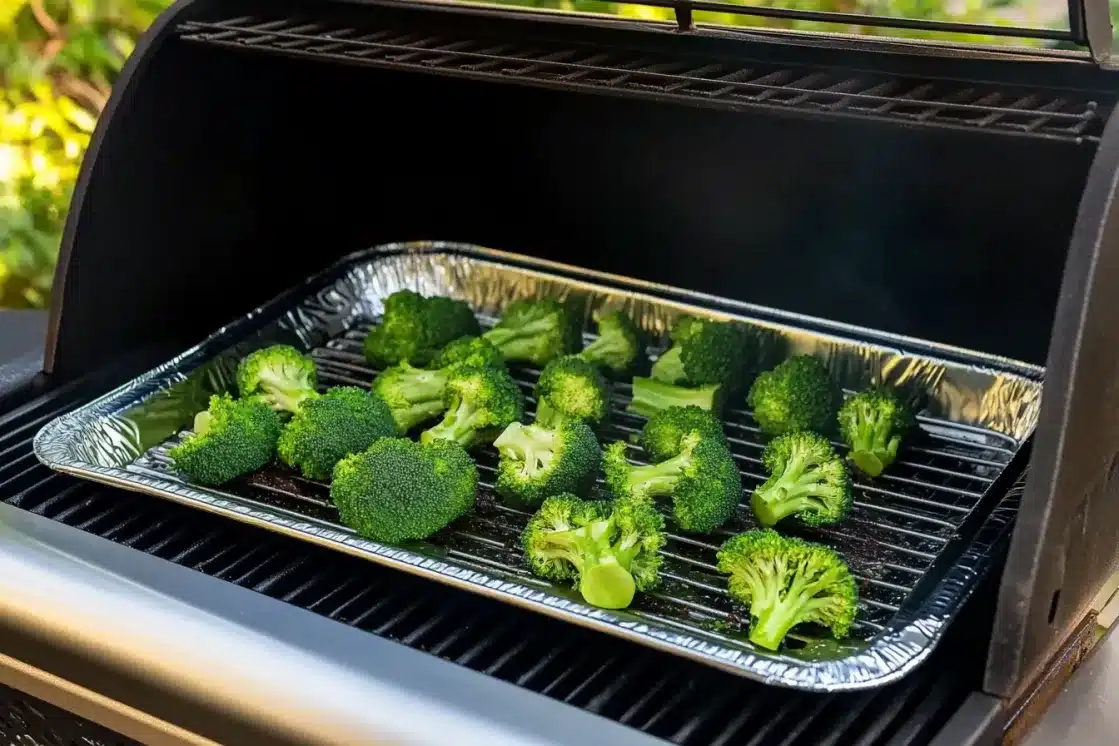 Raw broccoli florets arranged in aluminum tray inside open grill, ready to be grilled