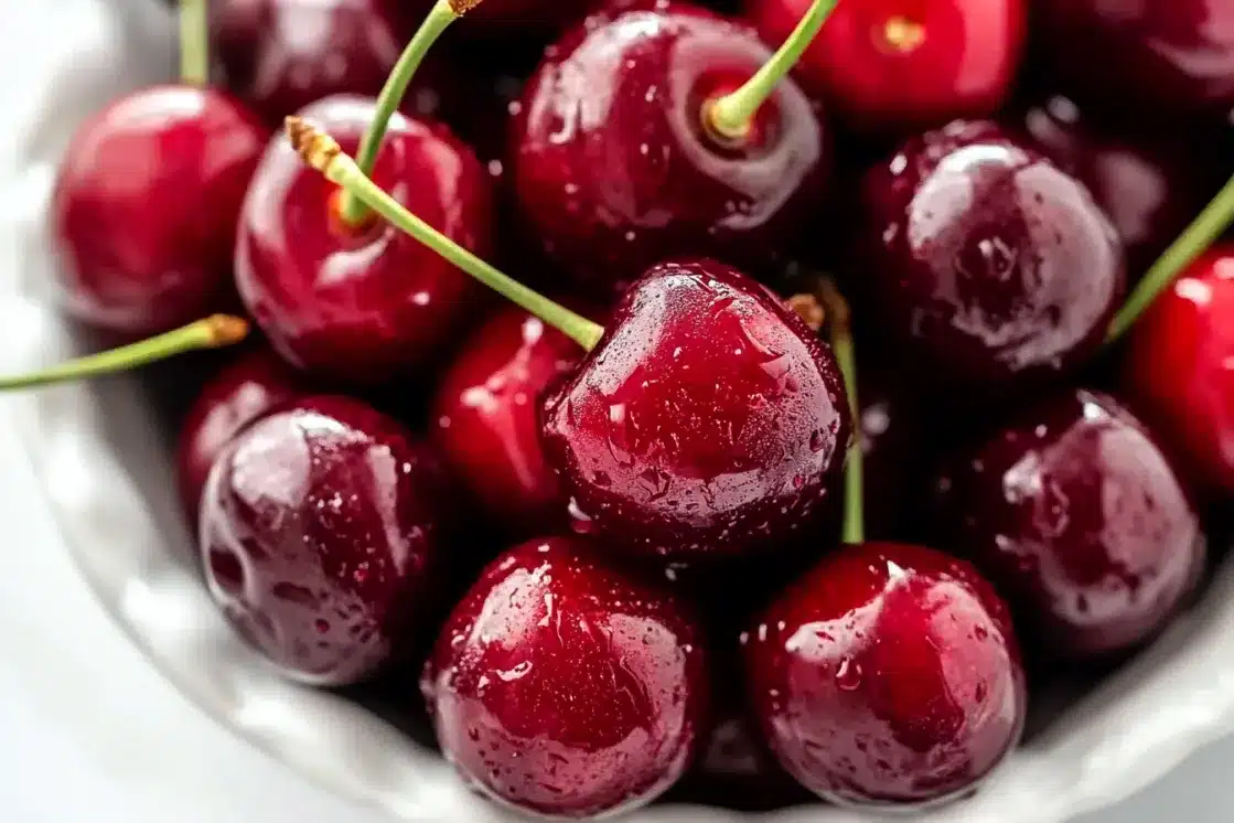 Fresh dark red cherries with water droplets in white bowl, some pitted showing red flesh