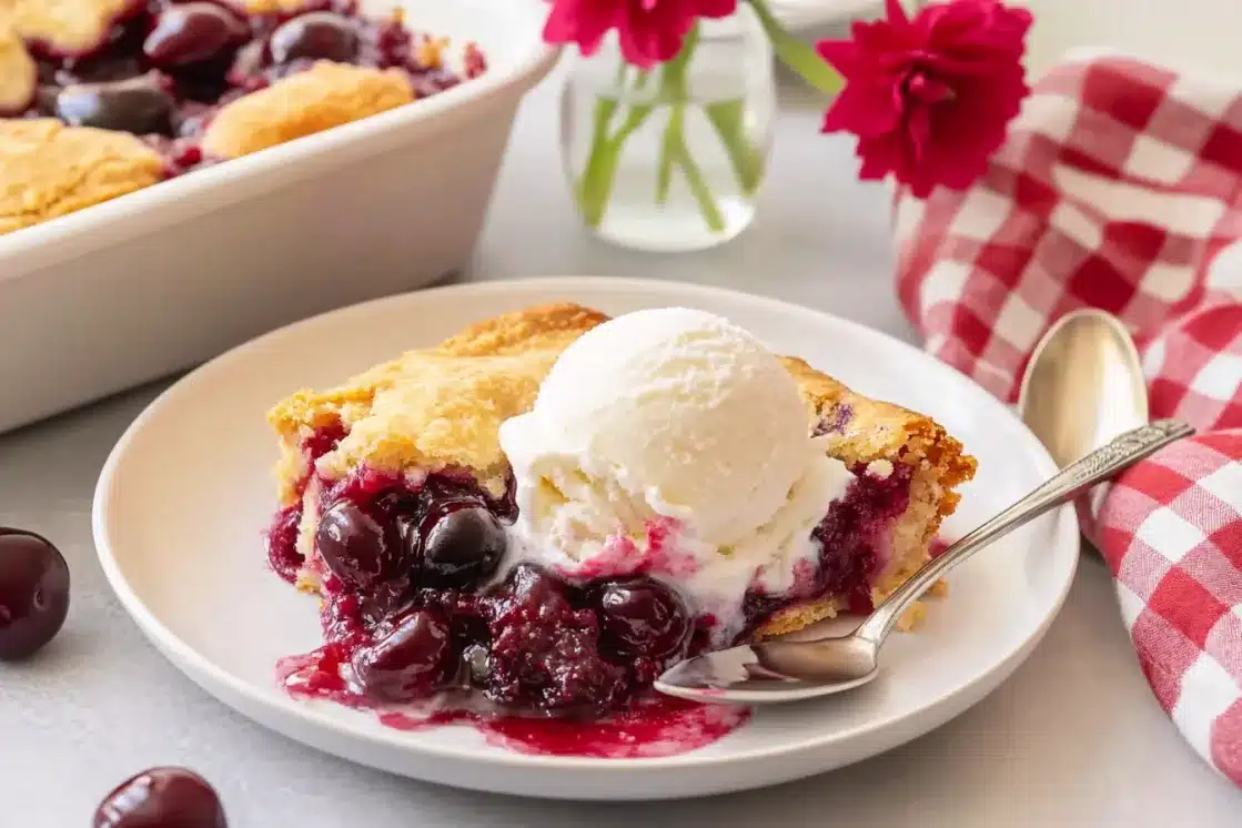 Fresh cherry cobbler slice with vanilla ice cream on white plate, cherry sauce drizzling, red checkered napkin background
