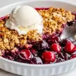 Cherry crisp baked in oval white dish with bubbling cherry juices and golden brown oat toppingCherry crisp baked in oval white dish with bubbling cherry juices and golden brown oat topping