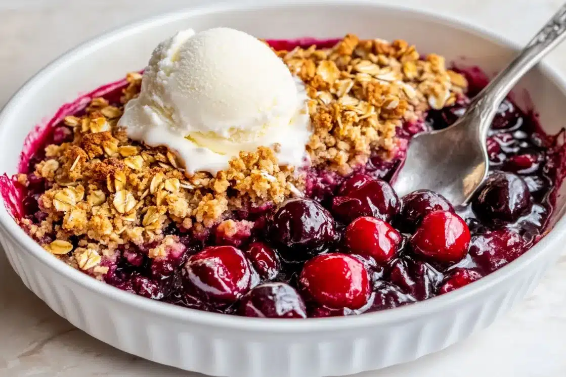 Cherry crisp baked in oval white dish with bubbling cherry juices and golden brown oat toppingCherry crisp baked in oval white dish with bubbling cherry juices and golden brown oat topping