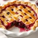 Whole cherry pie with lattice crust and fresh cherries scattered around the pie dish
