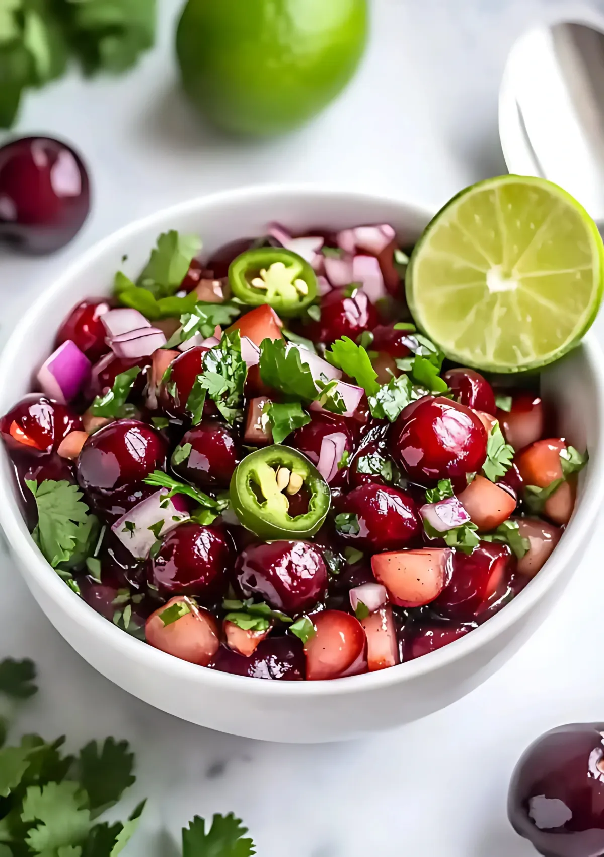 White bowl of cherry salsa with fresh cherries, cilantro, red onion and jalapeños, garnished with lime wedge on marble surface
