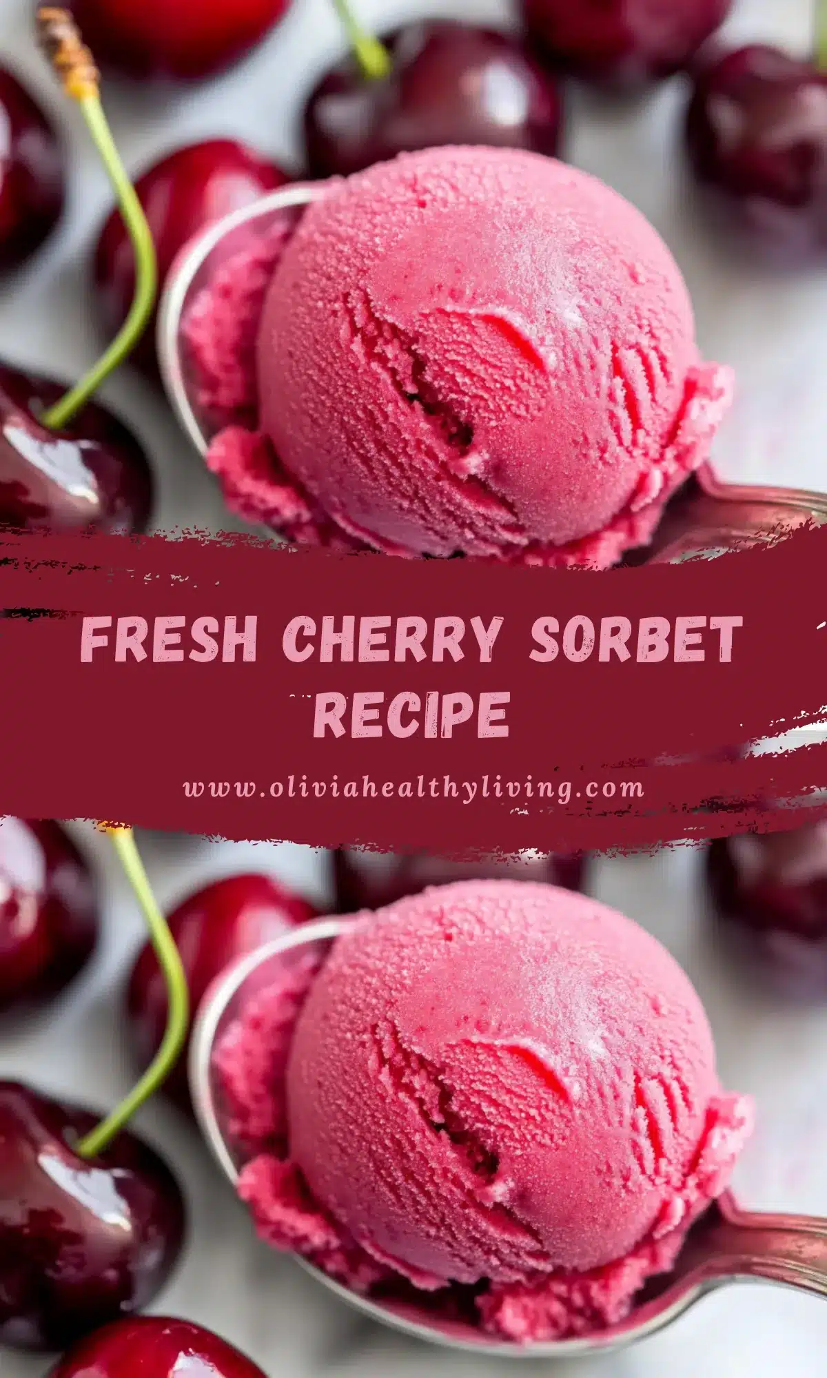 Fresh cherry sorbet scoops in a bowl with fresh cherries scattered around on a white background