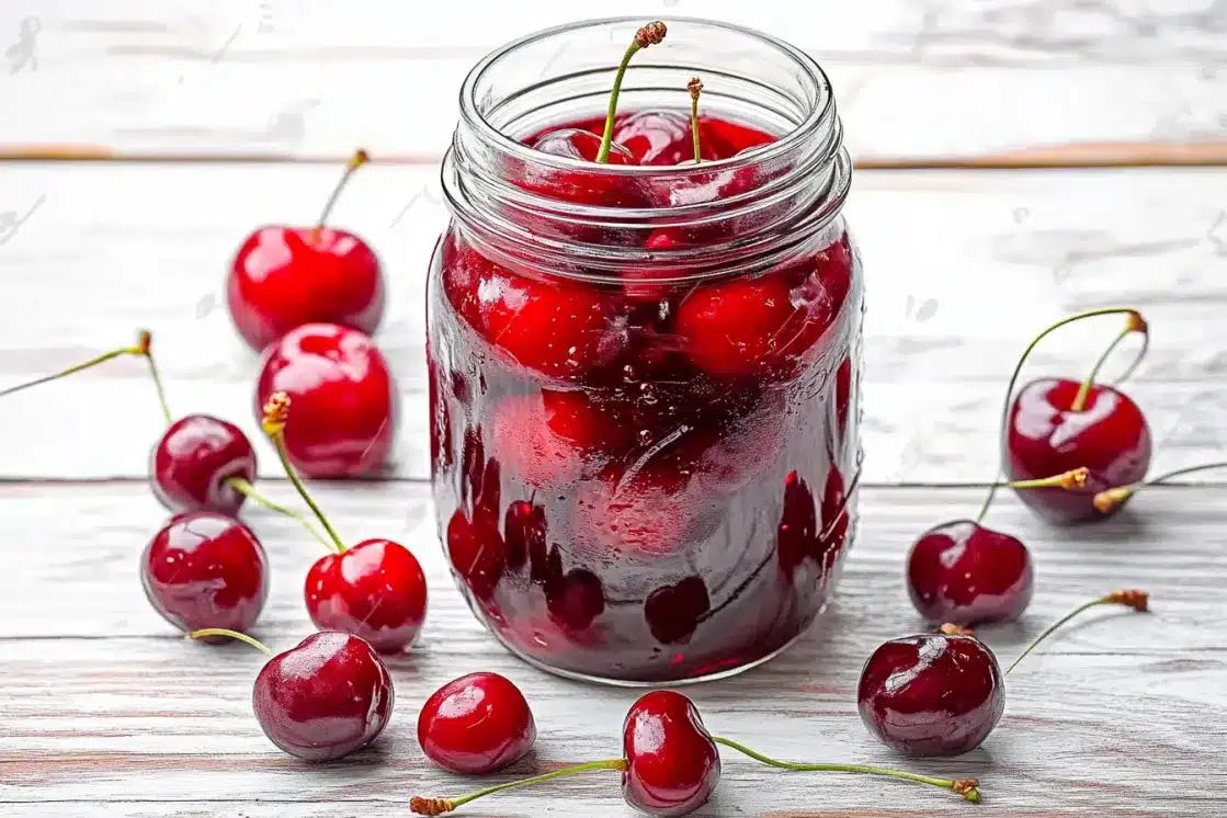 Fresh tipsy cherries in mason jar with scattered cherries on white wooden surface