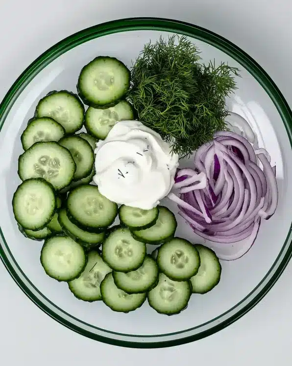 Cucumber salad ingredients separated on white plate with green rim - cucumbers, dill, sour cream, red onion