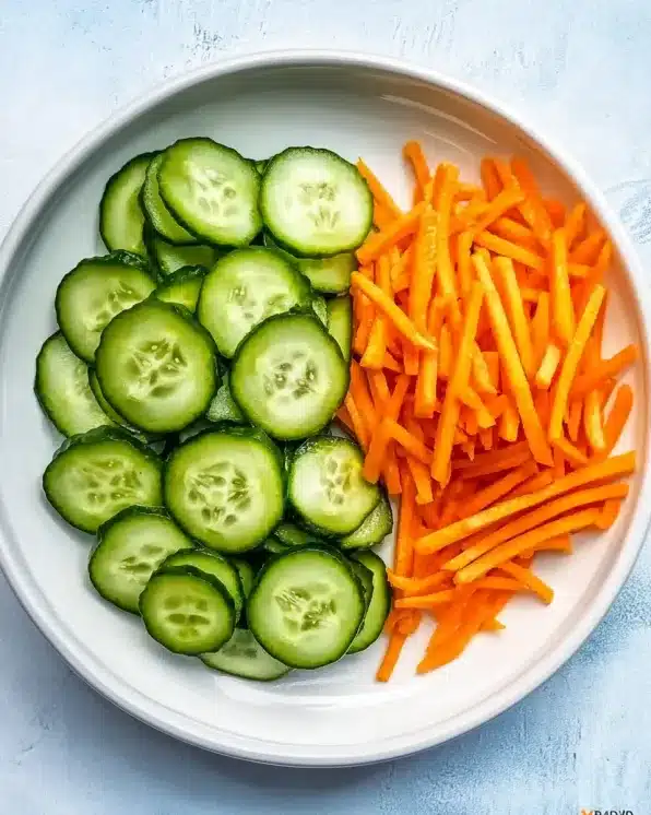 White plate with separated cucumber slices and julienned carrots before mixingWhite plate with separated cucumber slices and julienned carrots before mixing