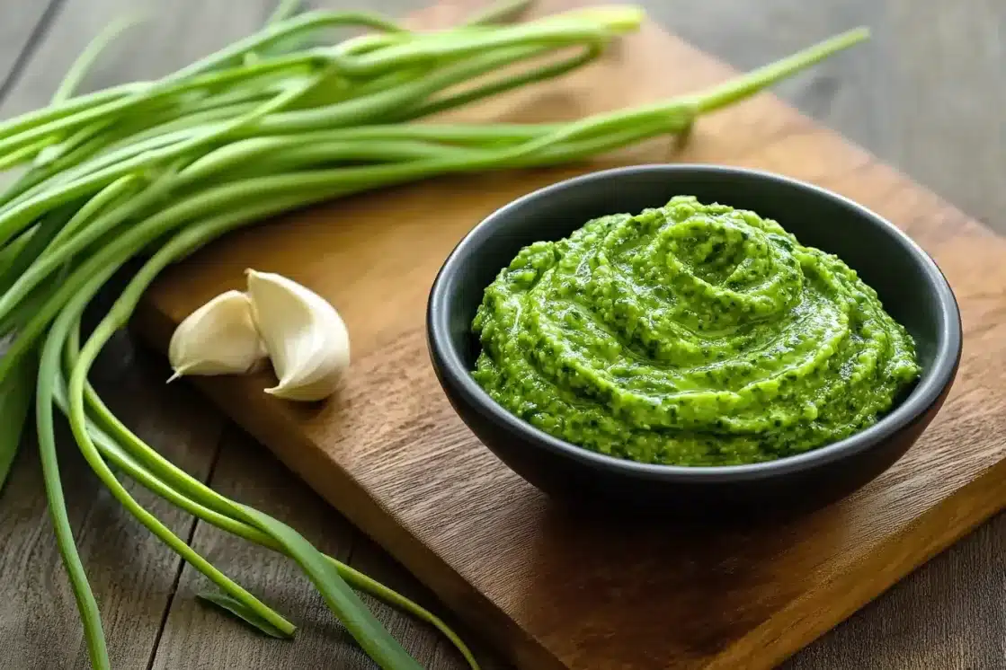 Garlic scape pesto served in small black bowl on wooden board with fresh garlic scapes and garlic cloves as garnish