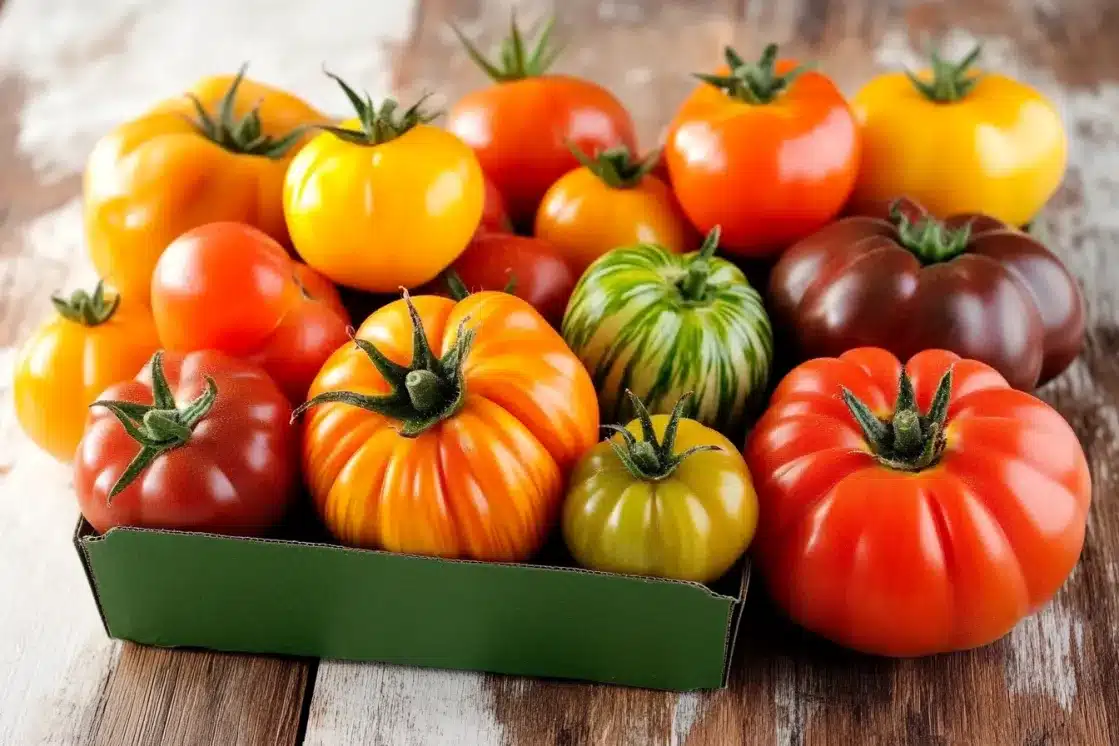 Assorted whole heirloom tomatoes in various colors including red, orange, yellow, green and purple varieties arranged in green cardboard container on rustic wooden surface