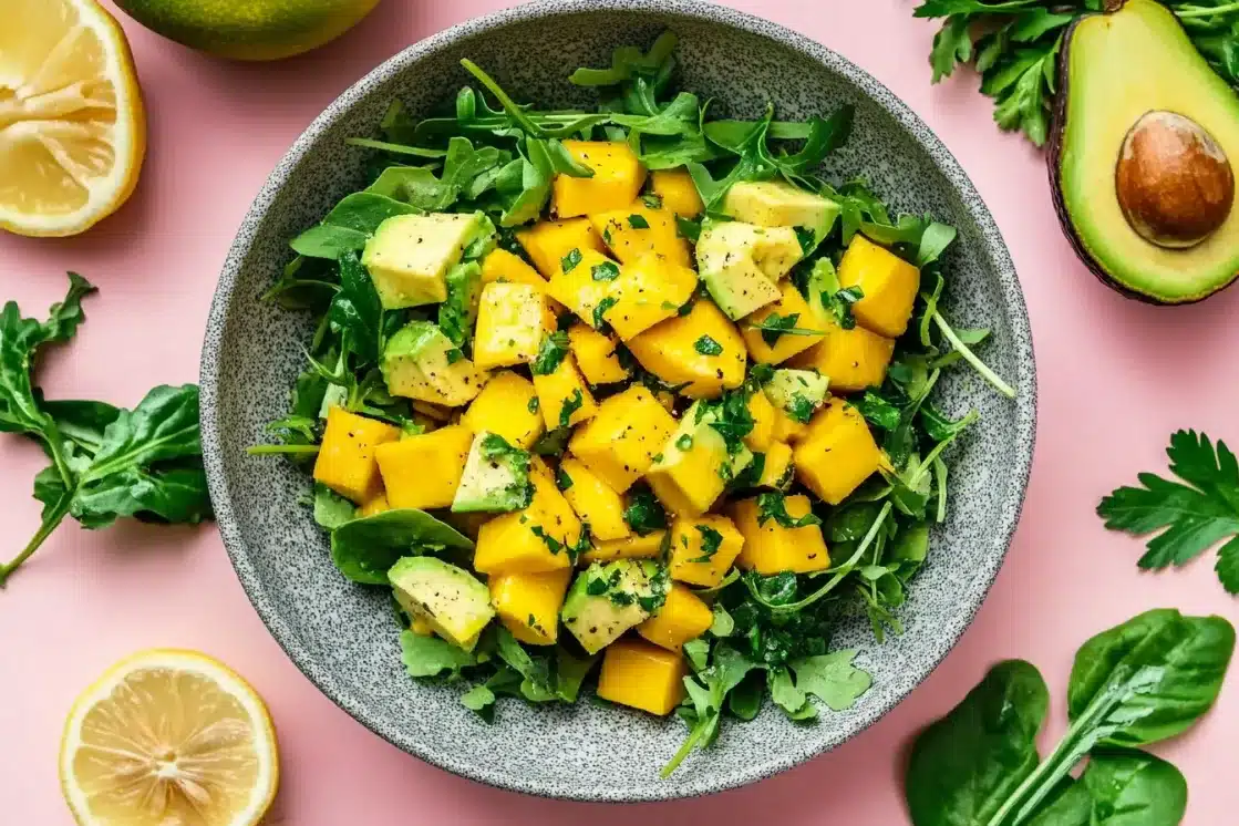Mango avocado salad with arugula greens in gray bowl, fresh lemon slices and herbs visible around bowl
