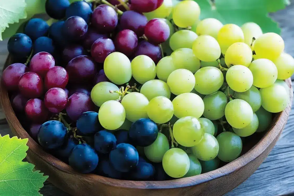 Colorful mix of red, green, and blue grapes in wooden bowl for easy tropical fruit salad recipe