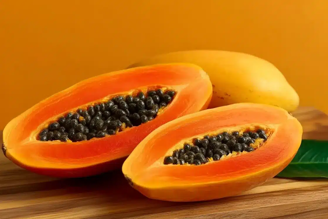 Ripe papaya cut in half showing orange flesh and black seeds, tropical fruit salad ingredient