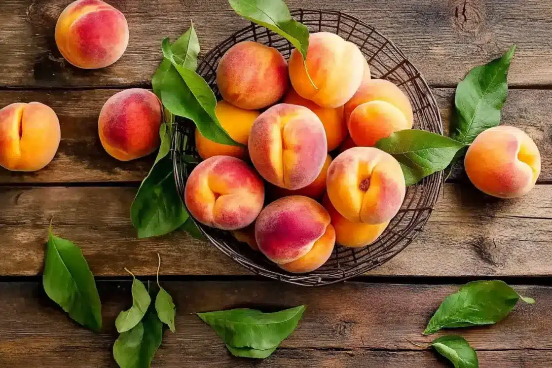 Wire basket filled with fresh ripe peaches and green leaves on rustic wooden table surface