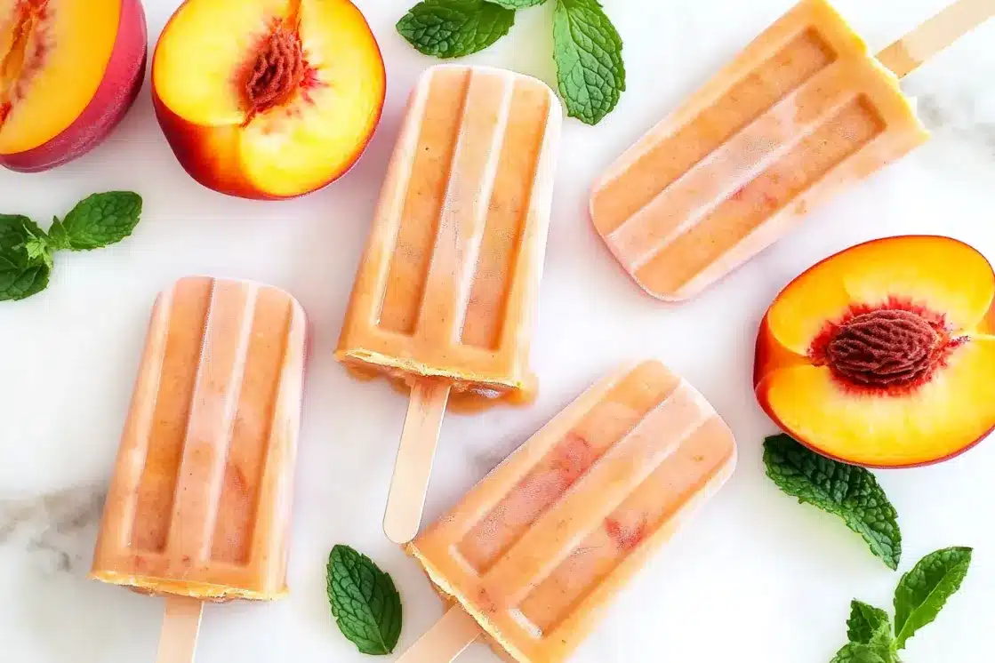 Overhead view of peach popsicles on marble surface with fresh peach halves and mint garnish