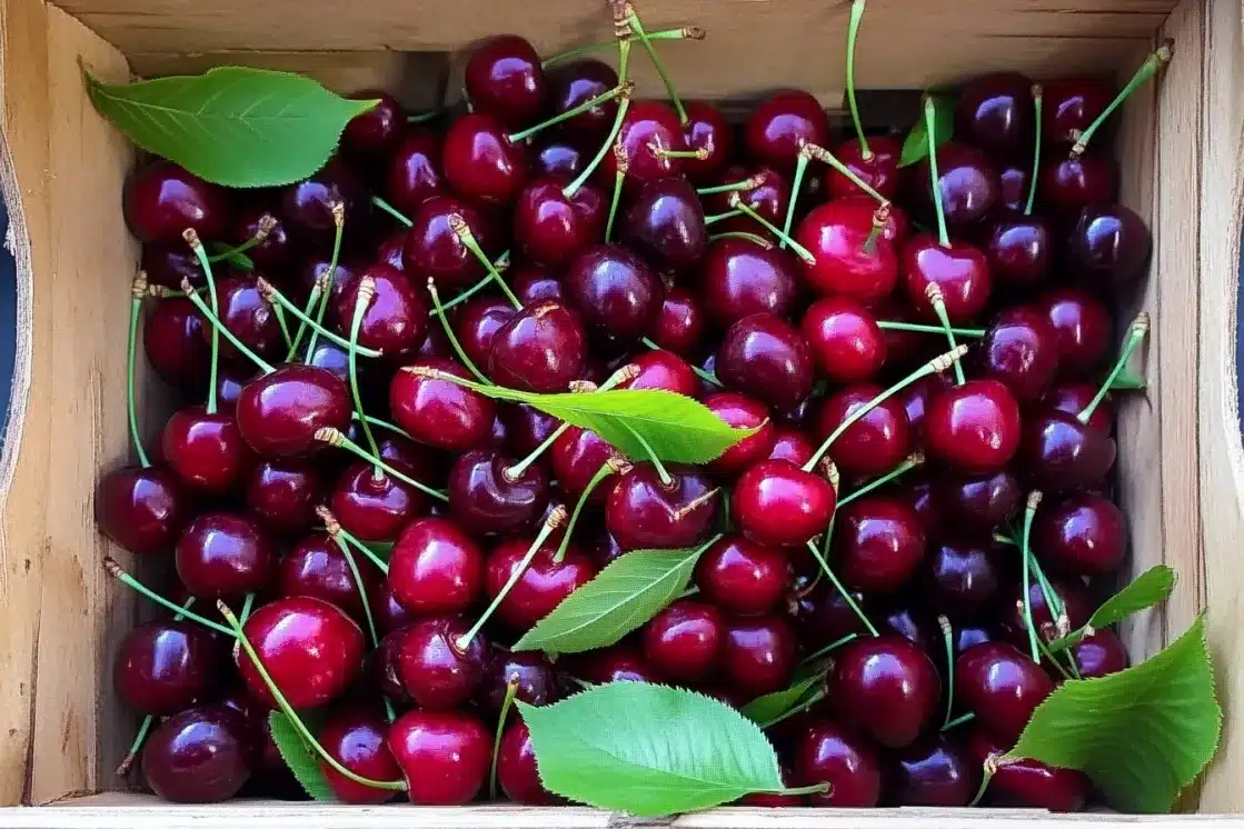 Wooden crate overflowing with fresh dark red sweet cherries with green stems and leaves, showing abundant harvest of raw ingredients for cherry barbecue sauce