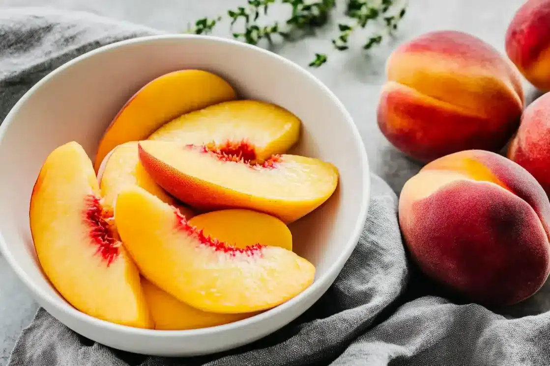 Sliced fresh peaches in a ceramic bowl alongside whole peaches on a gray kitchen towel