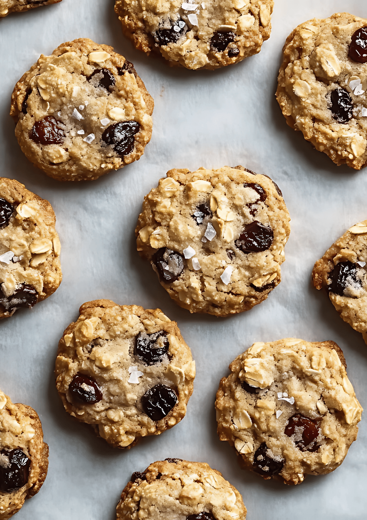 Cherry chocolate chip cookies with oats and sea salt flakes arranged on parchment paper showing golden brown edges and colorful mix-ins