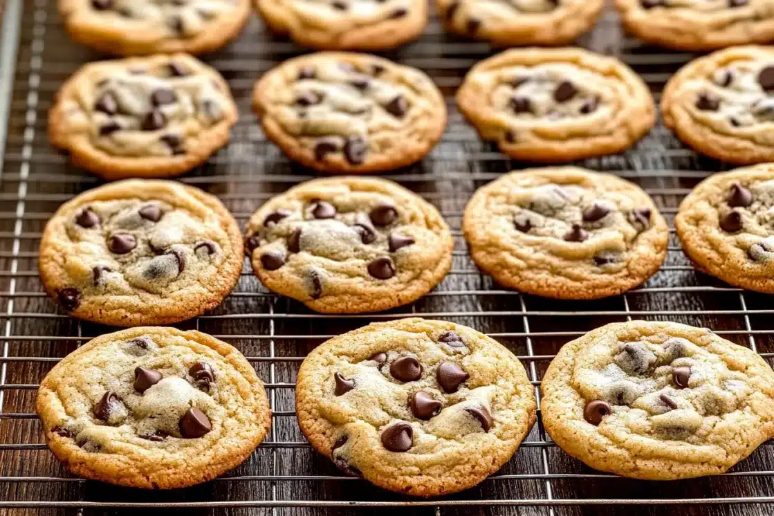 Golden brown chocolate chip cookies cooling on a wire rack, showing perfect soft texture with mini chocolate chips throughout