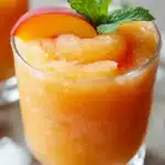 Close-up of a frozen peach slushie in a clear glass, topped with fresh mint and a peach wedge, with scattered ice cubes and peach slices nearby.