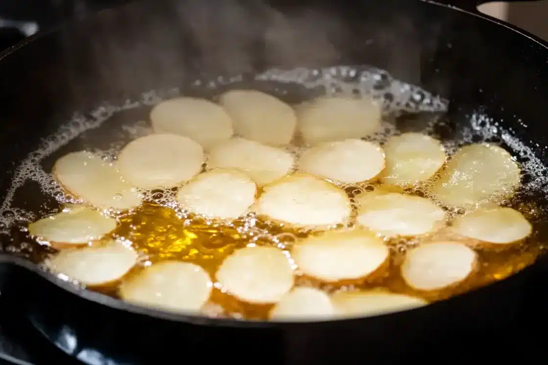 Potato slices frying in hot oil bubbling in black pan for homemade chips