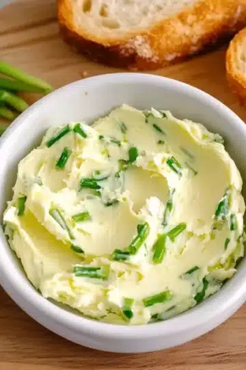 Garlic scapes butter spread on bread slices with bowl of compound butter and fresh garlic scapes on cutting board