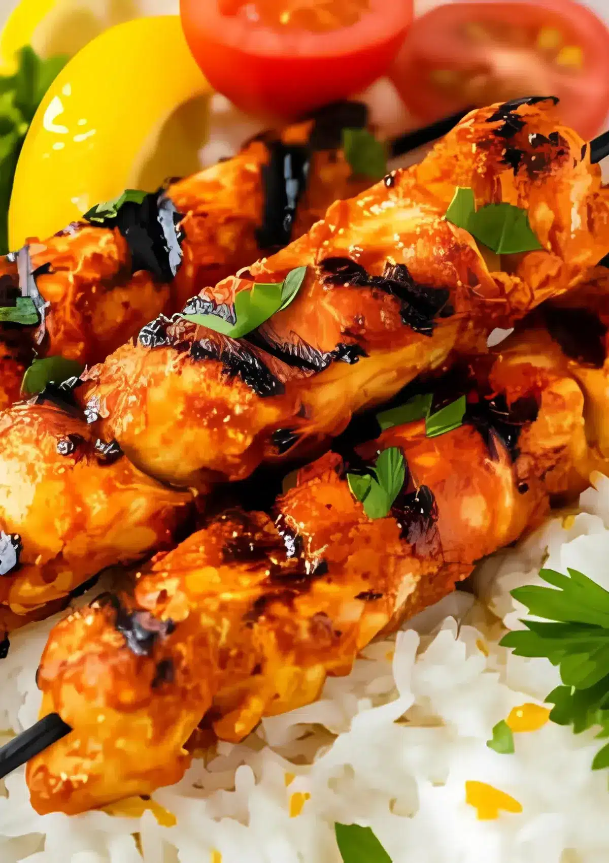 Grilled chicken Adana kebabs with shiny tomato glaze, served with white basmati rice, lemon, tomato, and parsley