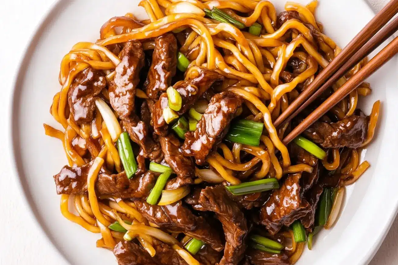 Overhead image of Mongolian beef stir-fried with noodles, onions, and scallions, served in a white dish with chopsticks resting on the edge.

