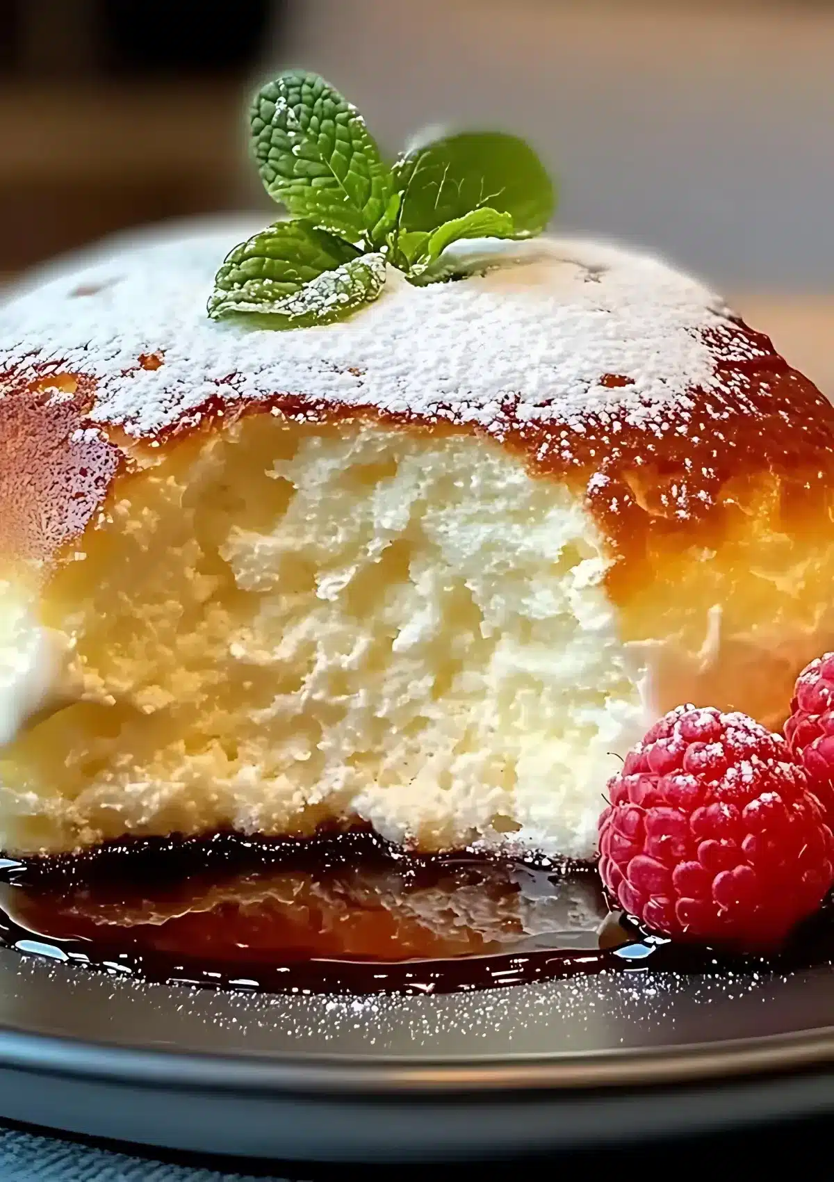 A close-up of a golden-brown cloud cake with powdered sugar, fresh mint, and two ripe raspberries, served on a dark plate with maple syrup pooling underneath.