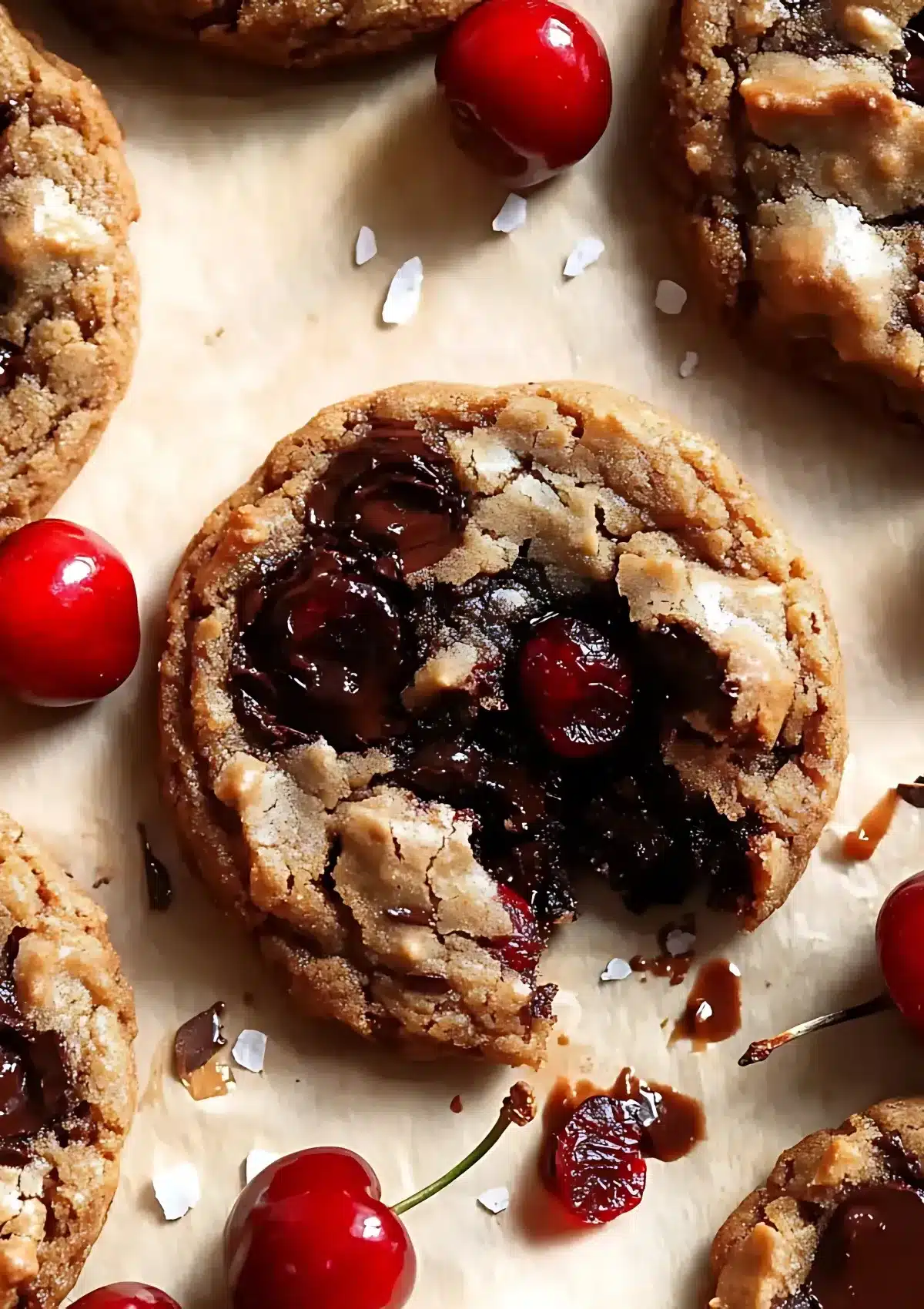 Close-up of a broken chocolate cherry cookie with visible gooey chocolate chunks and sea salt flakes, surrounded by whole cherries on parchment paper.


