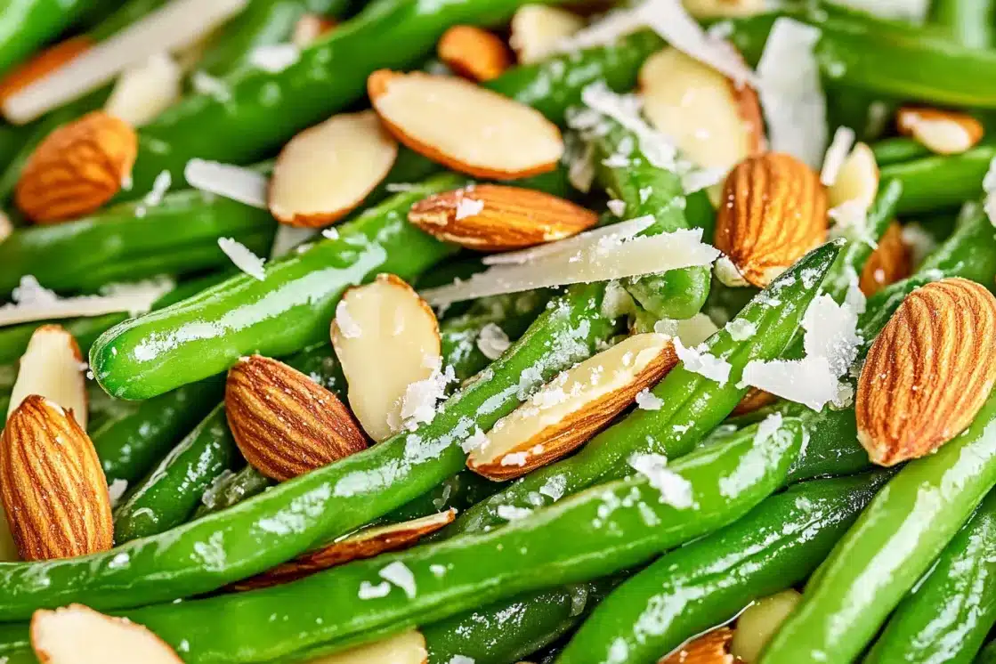 Detailed view of green beans almondine with toasted almonds and fresh parmesan cheese shavings
