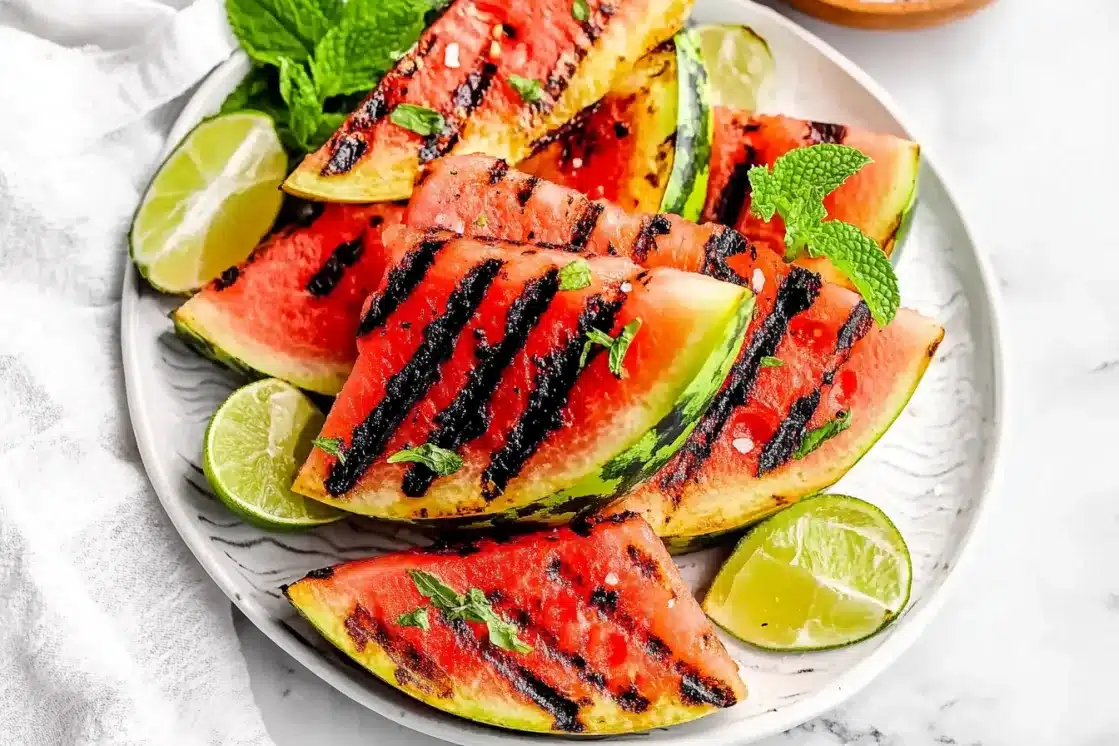 Perfectly grilled watermelon wedges on a white plate with lime wedges and fresh mint garnish