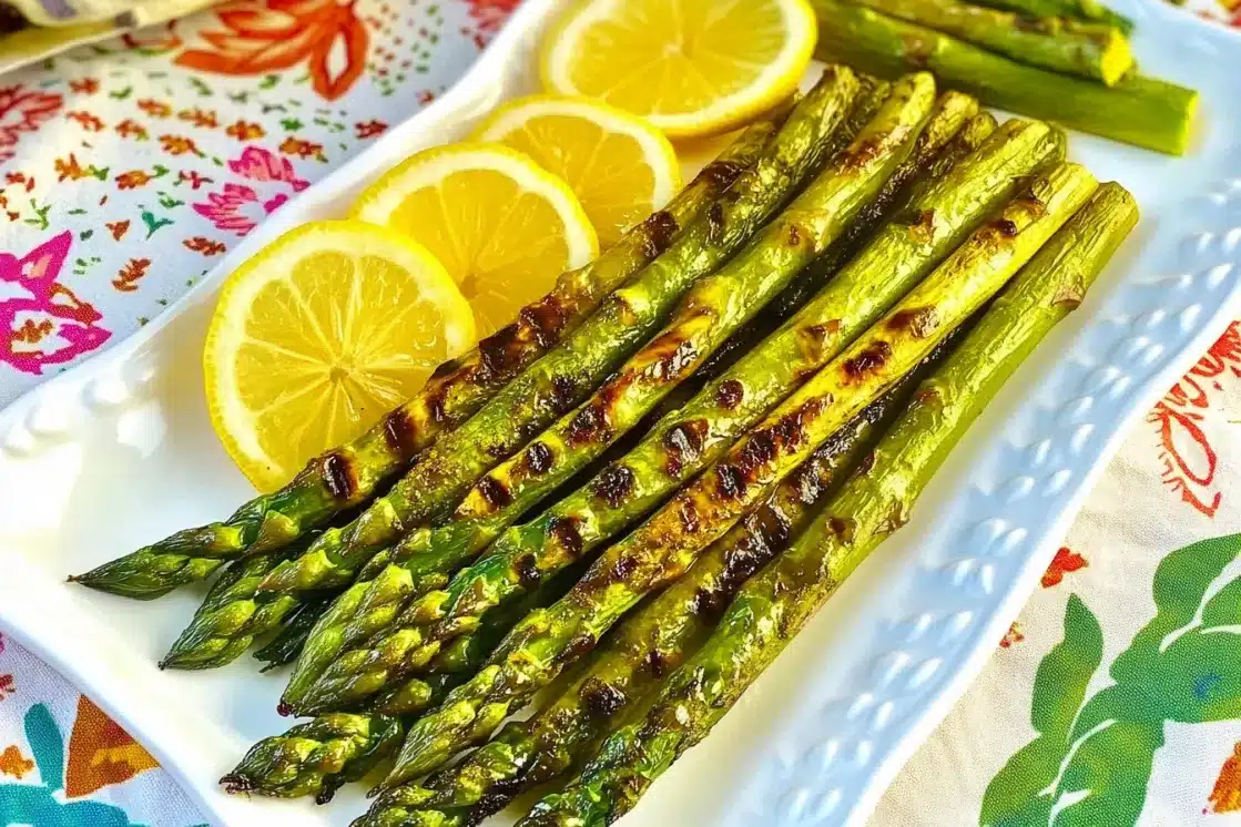 Grilled asparagus with lemon wedges on white platter with colorful floral pattern napkin