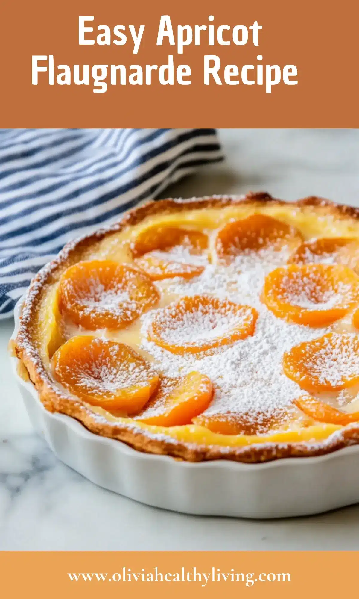 Baked apricot flaugnarde with golden puffed custard and caramelized apricot halves, dusted with powdered sugar for light dessert