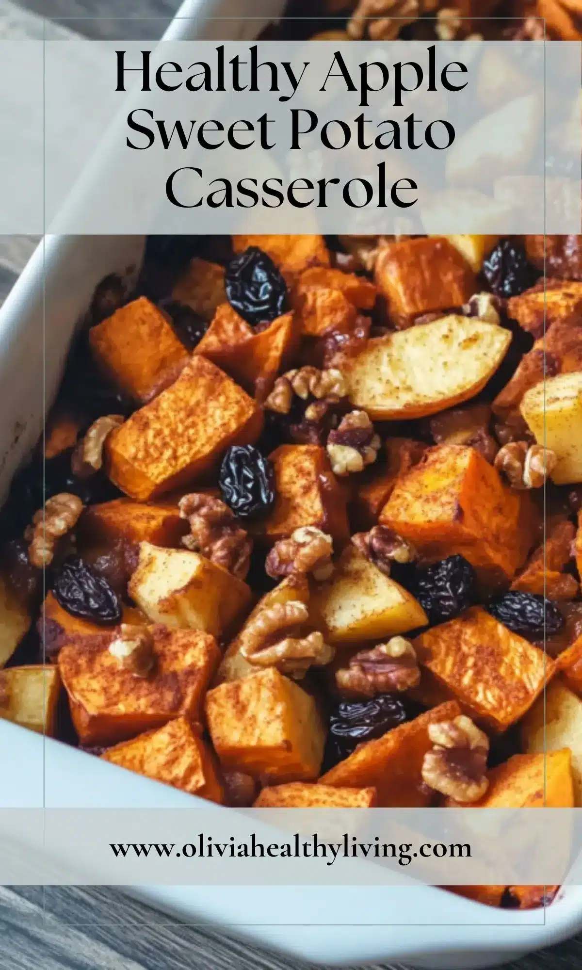 Close-up of apple sweet potato casserole with overlay text reading "Healthy Apple Sweet Potato Casserole" showing detailed texture of roasted ingredients