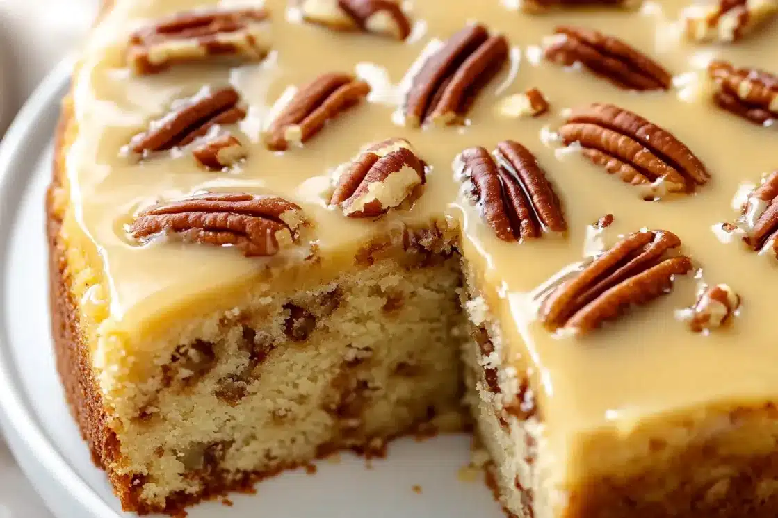 Butter pecan cake slice showing moist texture with pecans and creamy sauce drizzled on top