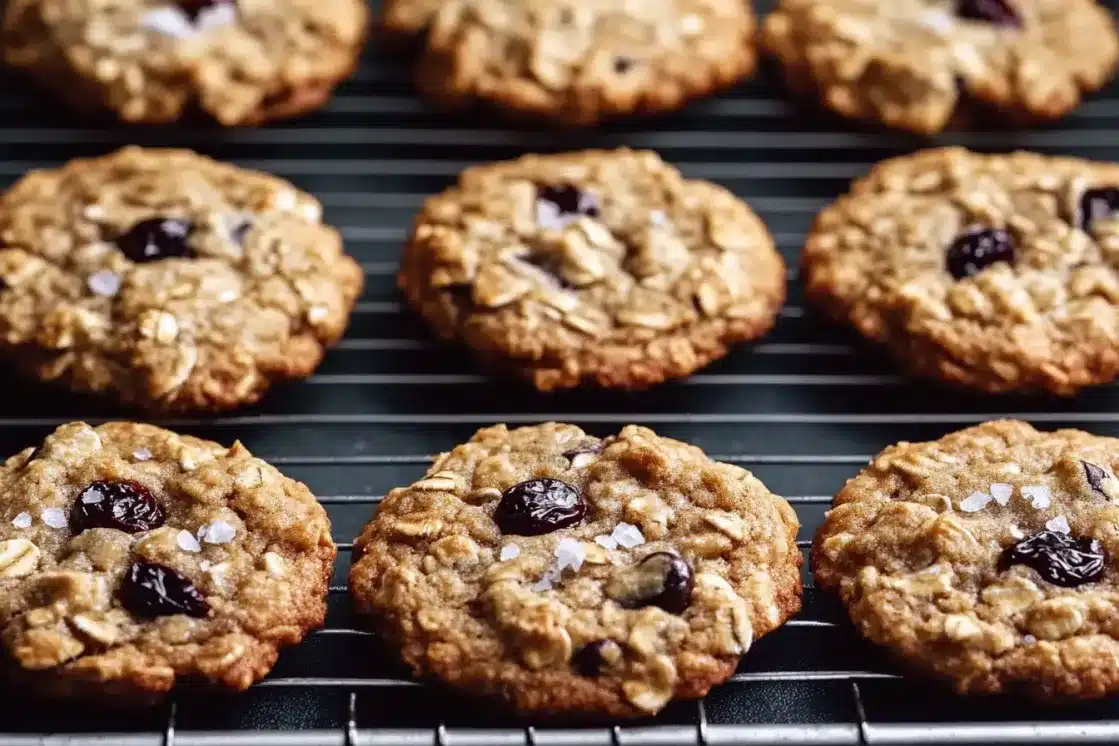 Close-up of golden brown cherry chocolate chip cookies on cooling rack displaying chewy texture and sea salt topping