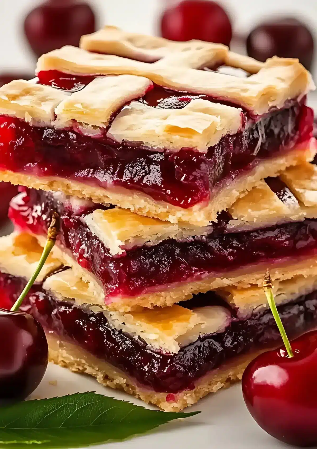 Cherry pie bars with lattice-style pastry topping surrounded by fresh red cherries and green leaves
