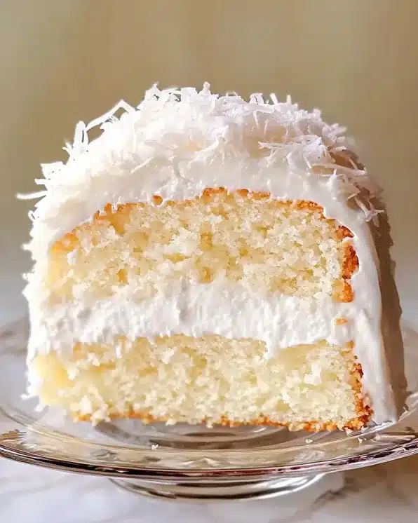 Perfect slice of coconut cloud cake displaying tender crumb and whipped cream frosting