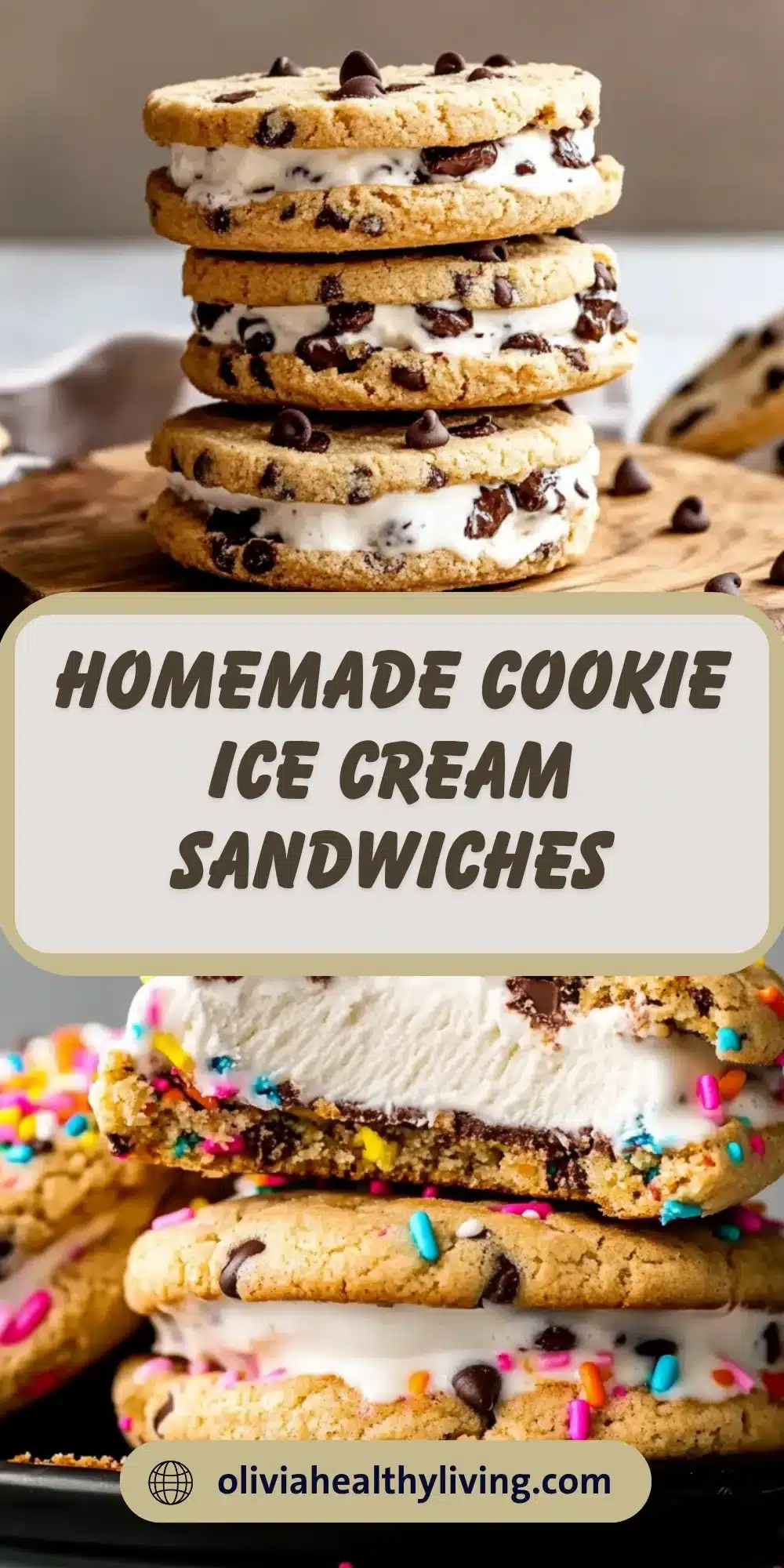 Three stacked homemade cookie ice cream sandwiches with vanilla ice cream and mini chocolate chip edges on wooden surface